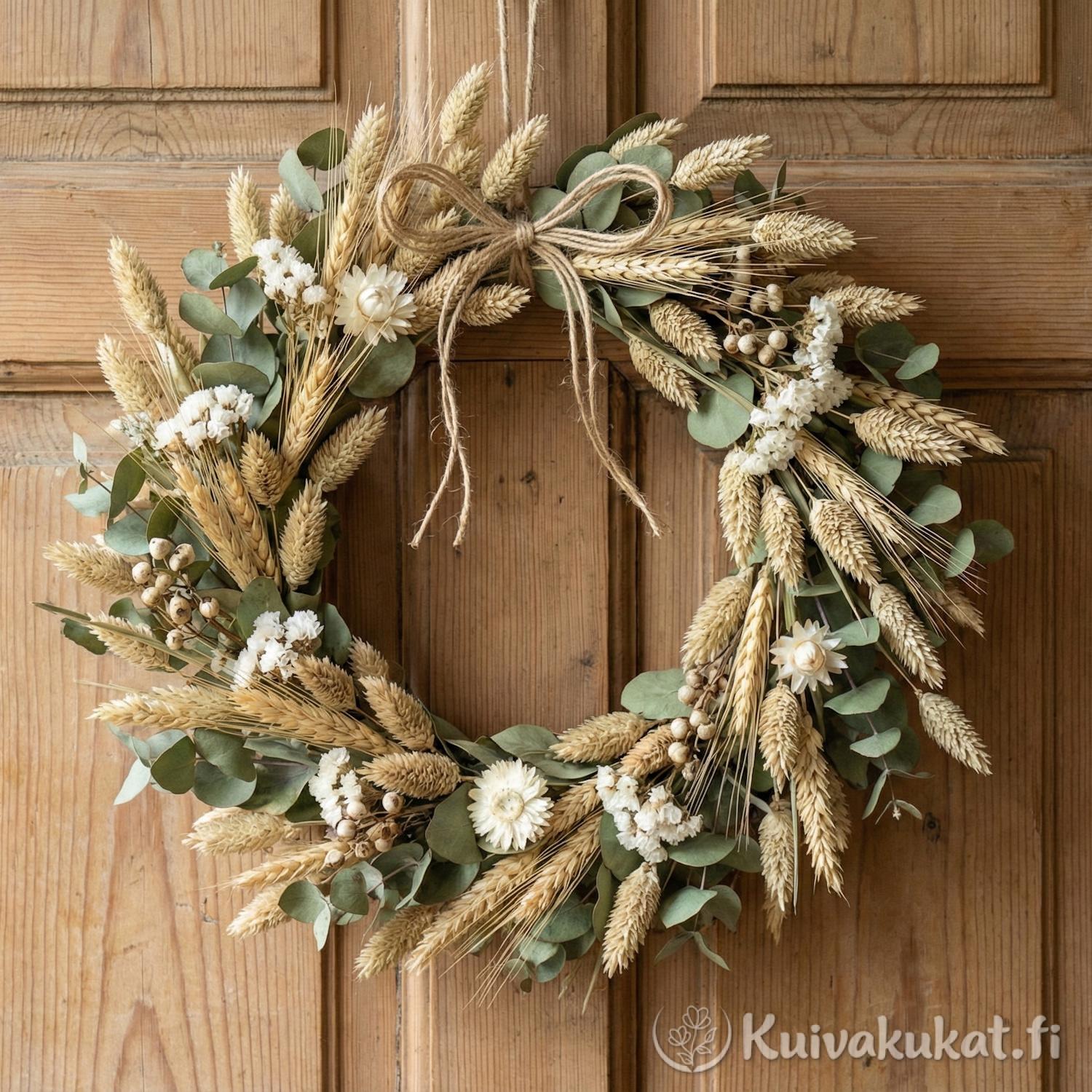 Boho-tyylinen kuivakukkakranssi oveen, jossa kanarianhelpeä, vehnää ja eukalyptusta.
