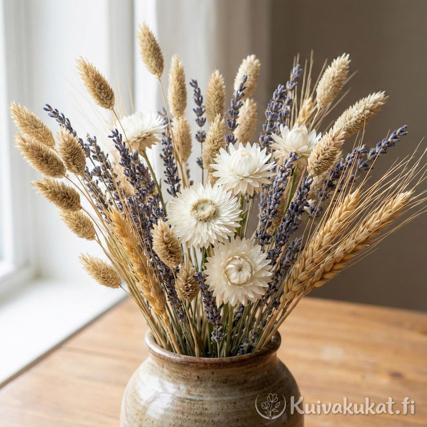 Maalaisromanttinen kuivakukkakimppu: kanarianhelpi, laventeli ja olkikukat keraamisessa ruukussa.