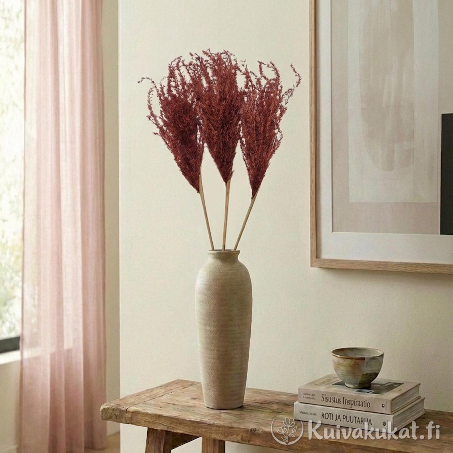 Kolme vartta ruskeaa Kiinanmiskanttia (Miscanthus sinensis) pystyssä maljakossa, taustalla vaaleanpunainen verho ja ikkuna.
