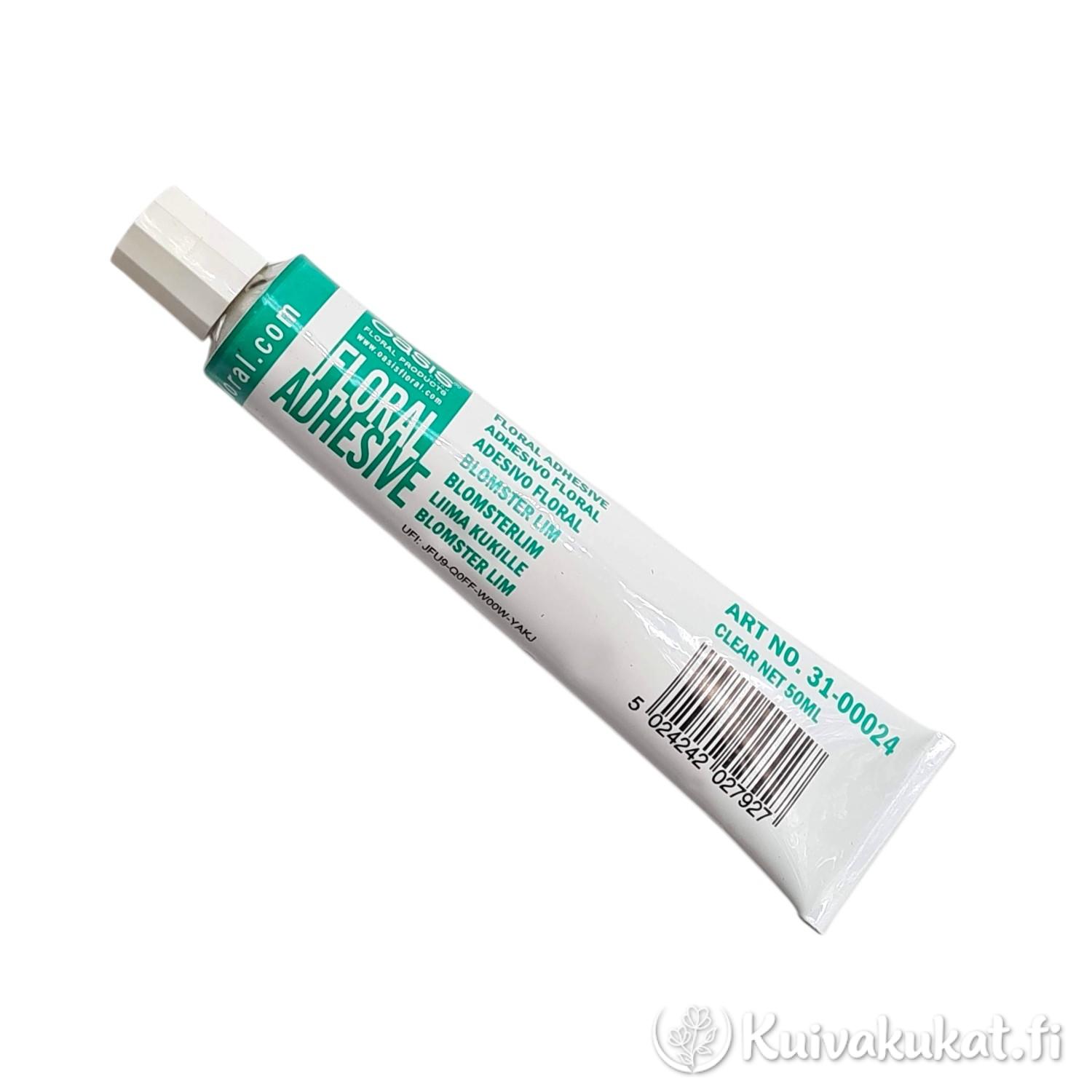Kuva OASIS Floral Adhesive -kylmäliimatuubista valkoisella taustalla.