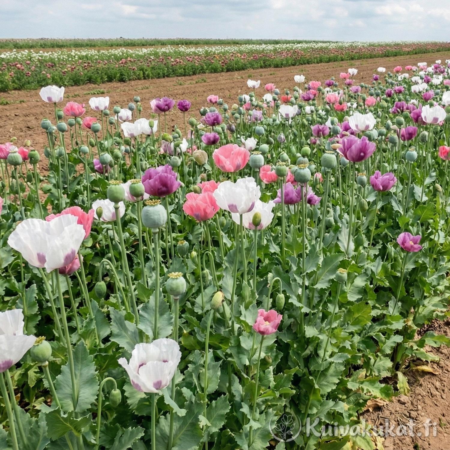Laaja oopiumunikkopelto (Papaver somniferum), jossa kasvaa riveissä valkoisia, vaaleanpunaisia ja violetteja kukkia sekä vihreitä siemenkotia.
