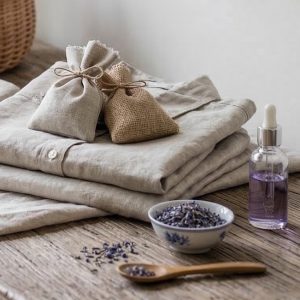 Kaksi pellavaista laventelituoksupussia pinotun pellavapaidan päällä, vieressä kulho kuivattuja kukkia ja pullo laventeliöljyä puisella pöydällä.