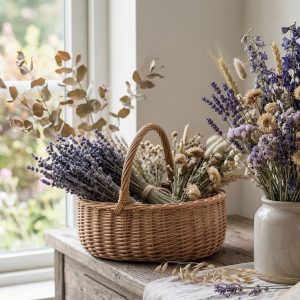 Kuivattu laventeli ja muita kuivakukkia punotussa korissa ja keraamisessa maljakossa ikkunalaudalla