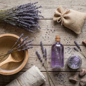 Kuivattua laventelia, saunakiulu, tuoksupussi ja laventeliöljyä puustaisella taustalla