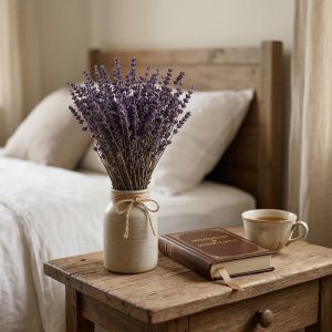 Kuivattu laventelikimppu keraamisessa maljakossa puisella yöpöydällä makuuhuoneessa