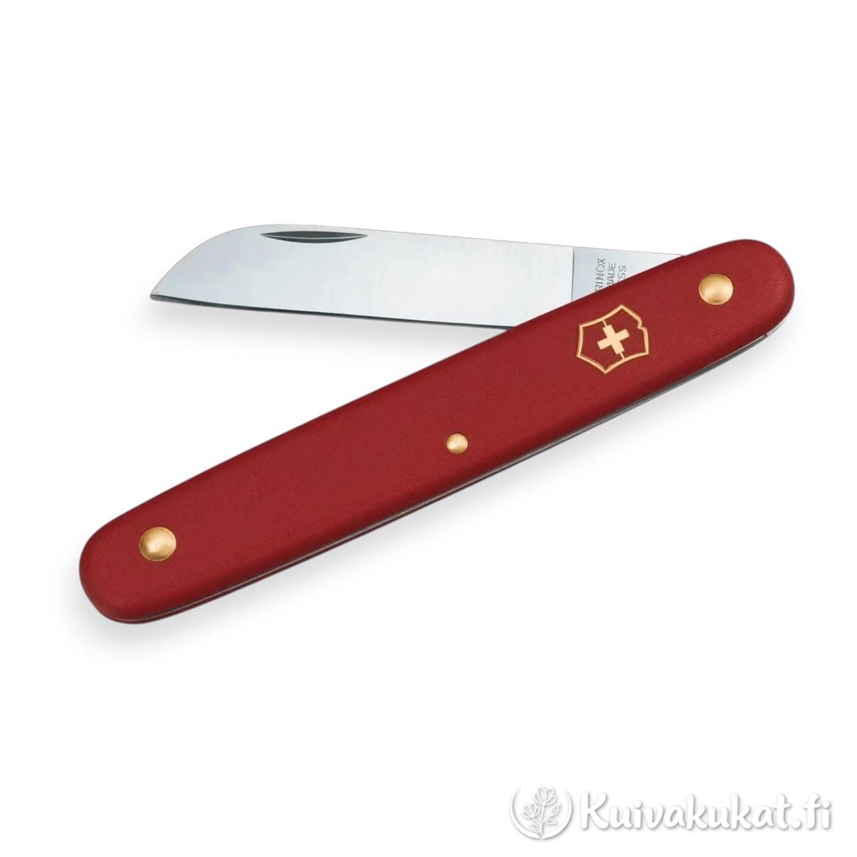 Punainen Victorinox-linkkuveitsi, jossa on yksi osittain avattu terä, valkoisella taustalla.